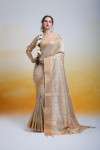 Beige color tussar silk saree with zari woven work