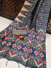 Gray color tussar silk saree with digital Ikkat printed work