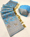 Sky blue color linen cotton saree with woven design