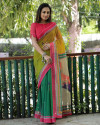 Rama green color soft linen cotton saree with digital printed work