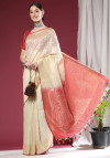 Off white color soft maheshwari silk saree with zari weaving work