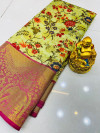 Beige color kanchipuram silk saree with kalamkari design