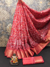 Red color soft cotton silk saree with bandhani printed work