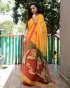 Orange color soft linen cotton saree with digital printed work