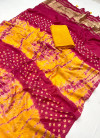 Multi color malmal cotton saree with hand bandhej printed work