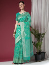 Sea green color soft maheshwari silk saree with zari weaving work