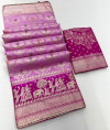 Baby pink color soft muslin silk saree with zari weaving work