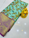Sea green color kanchipuram silk saree with digital printed work