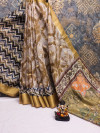 Beige color soft cotton silk saree with printed work