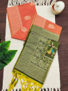 Peach and mahendi green color soft handloom raw silk saree with woven design