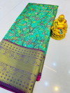 Green color kanchipuram silk saree with kalamkari design