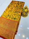 Mustard yellow color kanchipuram silk saree with kalamkari design