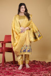 Light yellow color paithani silk unstitched dress