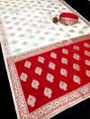 Off white and red color banarasi silk saree with zari weaving work