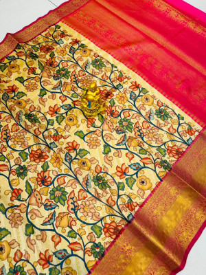 Beige color kanchipuram silk saree with kalamkari design
