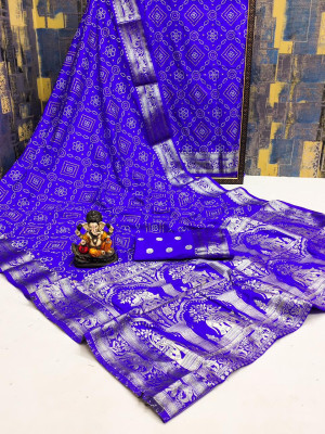 Royal blue color hand bandhej silk saree with printed work