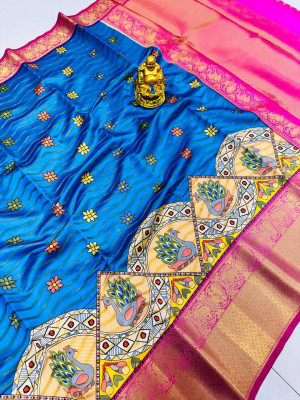 Firoji color kanchipuram silk saree with kalamkari design