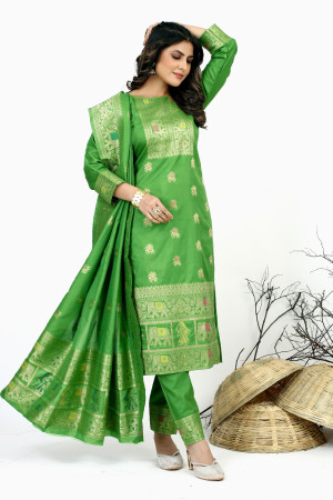 Green color pure soft silk unstitched dress