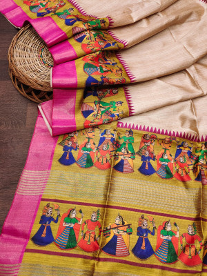 Beige and mustard yellow color tussar silk saree with kalamkari printed design