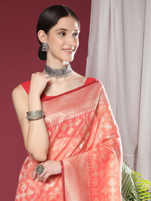 Peach color soft maheshwari silk saree with zari weaving work