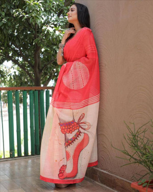 Gajari color soft linen cotton saree with digital printed work