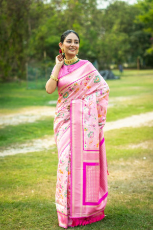 Baby pink color soft banarasi silk saree with zari weaving work