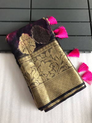 Black and magenta color organza silk saree with zari weaving work