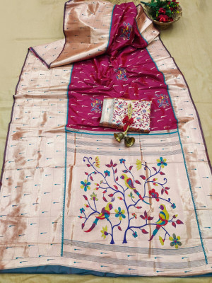 Magenta color soft paithani silk saree with zari weaving work