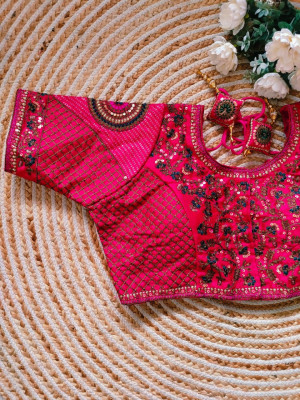 Fancy copper jari heavy embroidery work rani pink color blouse