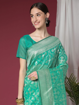 Sea green color soft maheshwari silk saree with zari weaving work