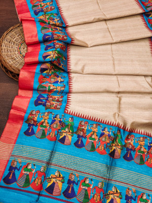 Beige and firoji color tussar silk saree with kalamkari printed design