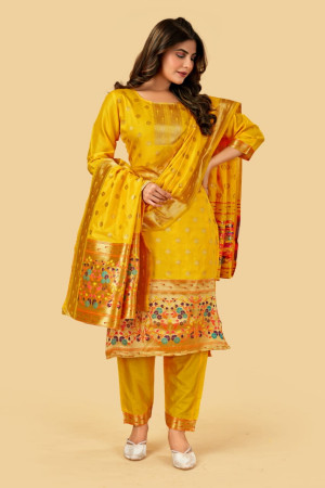 Yellow color paithani silk unstitched dress