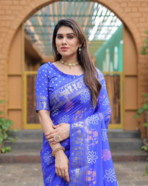 Royal blue color hand bandhej silk saree with printed work