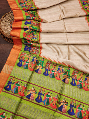Beige and parrot green color tussar silk saree with kalamkari printed design