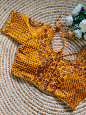 Fancy copper jari heavy embroidery work yellow color blouse