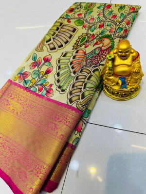 Pista green color kanchipuram silk saree with kalamkari design