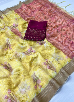 Yellow color soft cotton saree with digital printed work