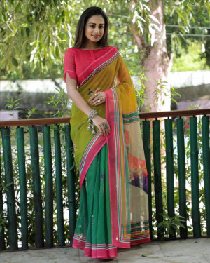 Rama green color soft linen cotton saree with digital printed work