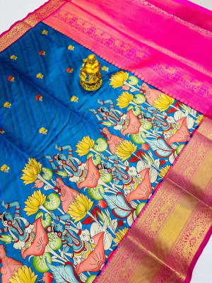 Blue color kanchipuram silk saree with kalamkari design