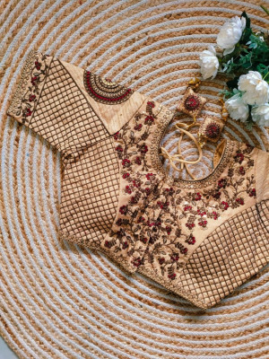 Fancy copper jari heavy embroidery work beige color blouse