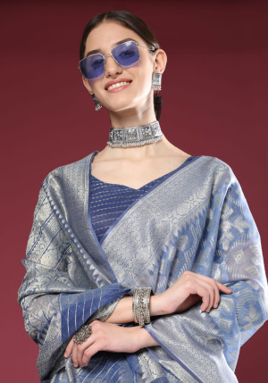 Sky blue color soft maheshwari silk saree with zari weaving work