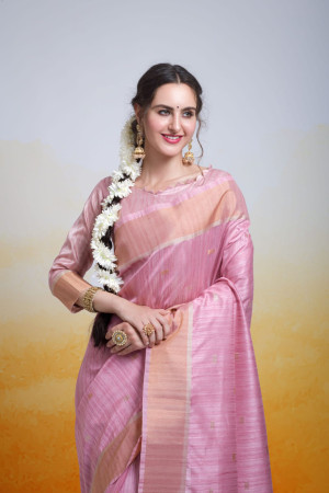Baby pink color tussar silk saree with zari woven work