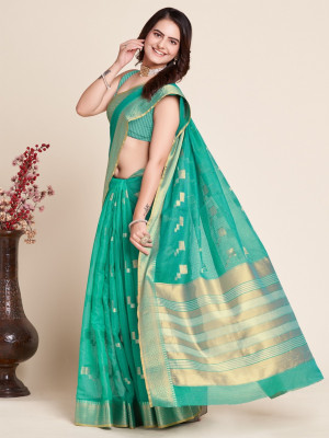 Rama green color kota doriya saree with zari weaving work