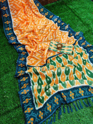 Orange color linen cotton saree with digital printed work