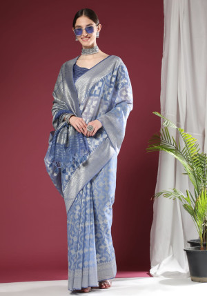 Sky blue color soft maheshwari silk saree with zari weaving work