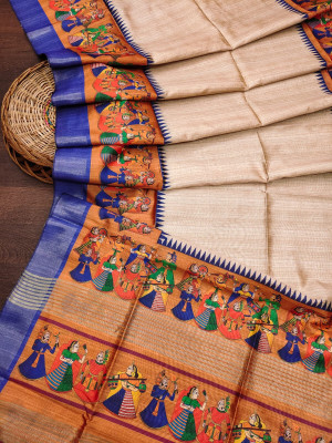 Beige and orange color tussar silk saree with kalamkari printed design
