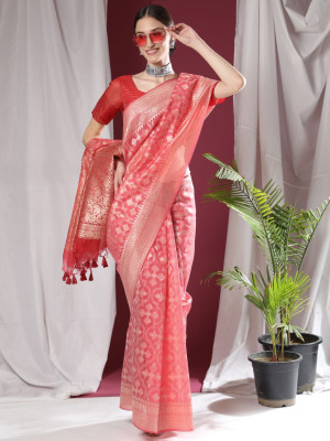 Gajari color soft maheshwari silk saree with zari weaving work