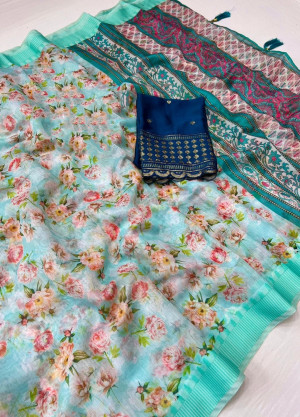 Sea green color soft cotton saree with digital printed work