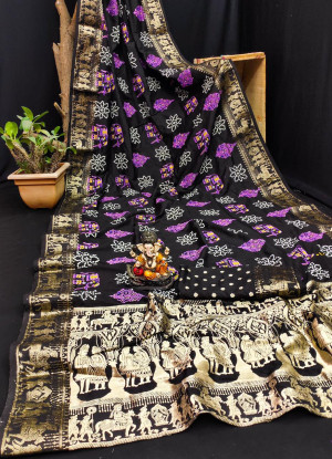 Black color hand bandhej silk saree with printed work