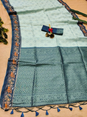 Sea green color soft silk saree with zari weaving work